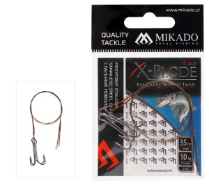 PRZYPON STALOWY MIKADO Z KRĘTLIKIEM I PODWÓJNĄ KOTWICĄ 35cm/10kg BRĄZOWY 2SZT